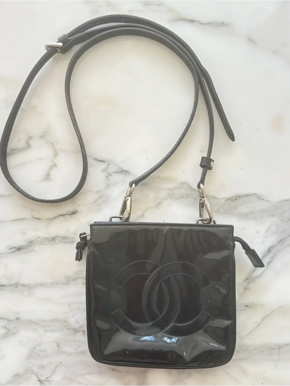 CHANEL Black Patent Leather CC Logo Converted Belt to Crossbody Bag